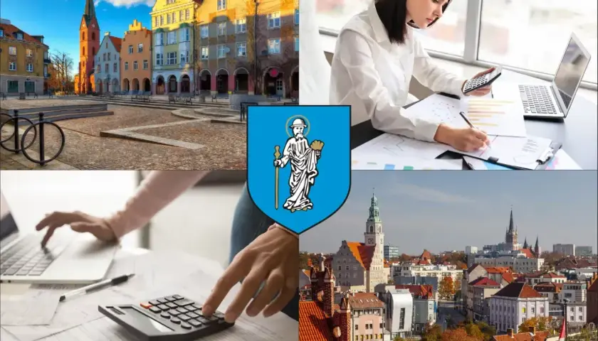 Kolaż: rynek w Olsztynie, kobieta z kalkulatorem, herb miasta, panorama Olsztyna.