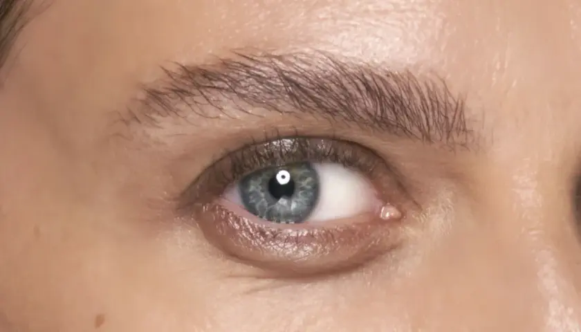 Ett blått öga med perfekt formade, fluffiga **soap brows**.