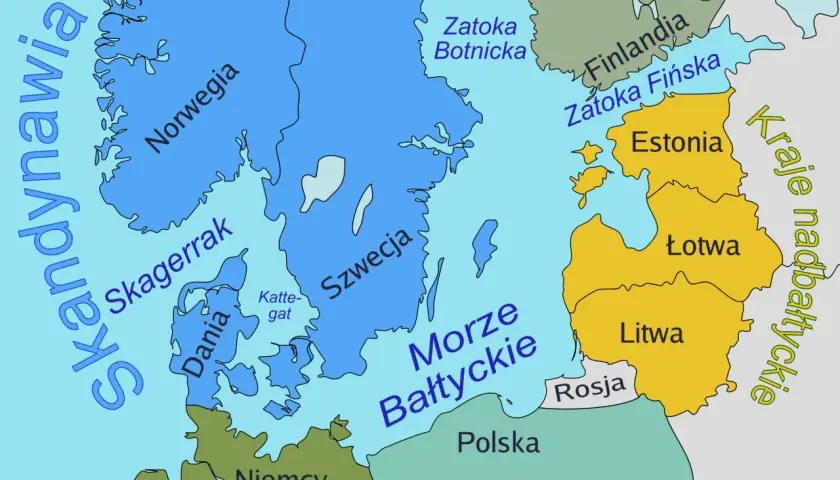 Mapa pokazuje kraje nadbałtyckie. Czy Polska jest krajem bałtyckim? Tak, na mapie widać Polskę nad Morzem Bałtyckim.