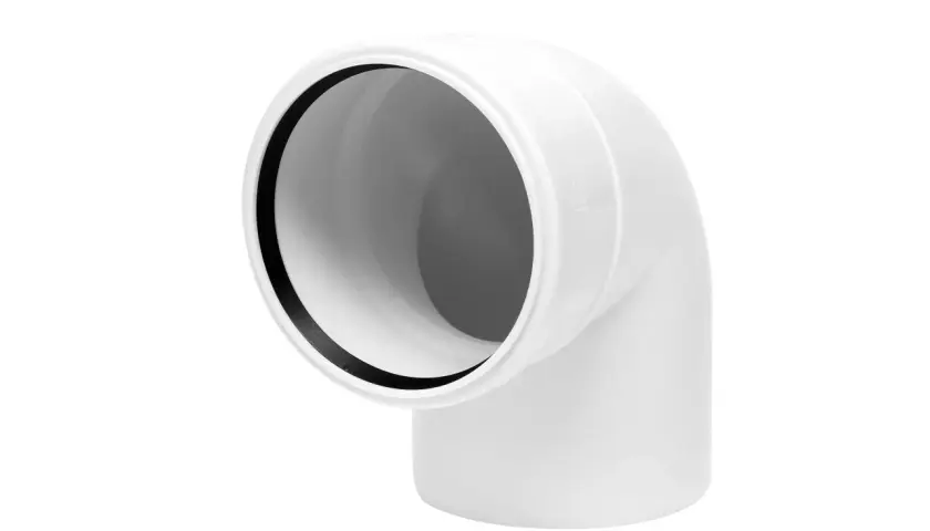 Białe kolano do WC 90 st. z przyłączem, element instalacji kanalizacyjnej.