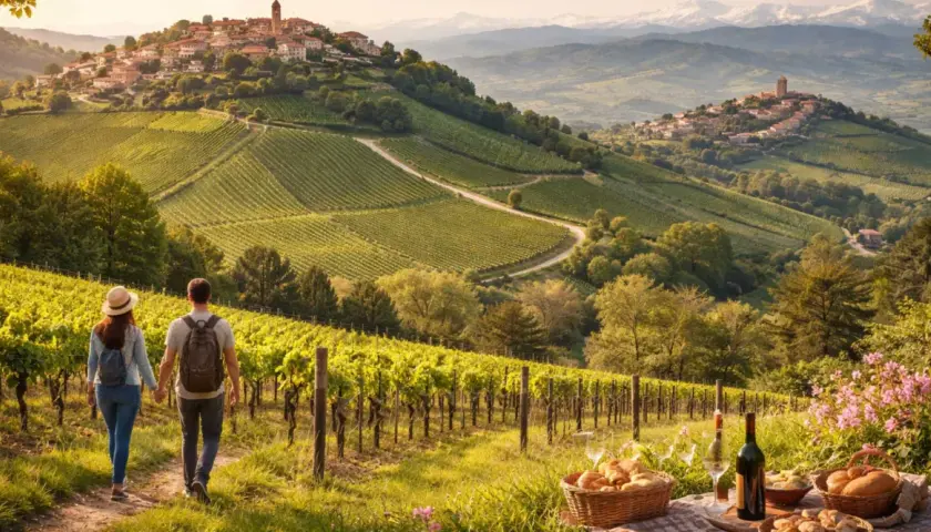 Coppia mano nella mano tra i vigneti, con borghi collinari sullo sfondo. Un invito a scoprire dove andare nelle Langhe per un'esperienza indimenticabile.