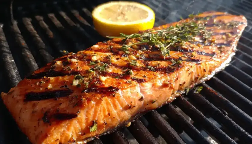 En saftig grillad laxsida med örter och en citronskiva på grillen. Röken stiger och lockar till en härlig måltid.