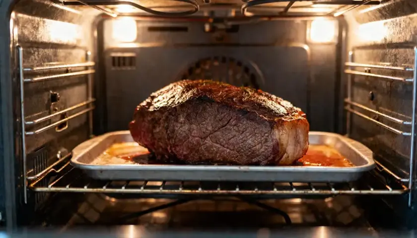 Gros rôti de bœuf doré sur une plaque, cuisant dans un four chaud. Le temps de cuisson rôti de bœuf au four est presque terminé.