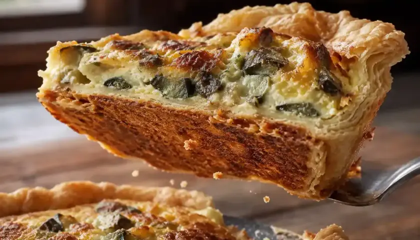 Une part de quiche aux courgettes, dorée et croustillante, est soulevée du plat. La cuisson quiche au four a donné un résultat parfait.