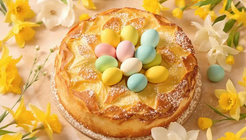 Gâteau de Pâques italien orné d'œufs durs colorés, entouré de jonquilles printanières.