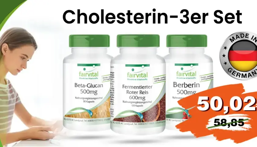 Cholesterin-3er Set mit Beta-Glucan 500mg, Roter Reis 600mg & Berberin 500mg. Die Beta-Glucan Wirkung unterstützt die Cholesterinregulierung. Made in Germany.