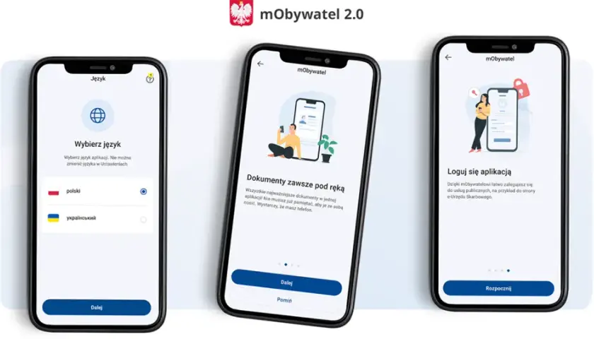 Ekran powitalny aplikacji mObywatel: wybór języka, dokumenty pod ręką i logowanie na nowym telefonie.