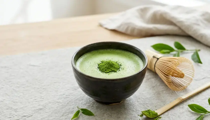Zielona, spieniona matcha w miseczce, obok bambusowa miotełka i łyżeczka z proszkiem. To idealny sposób, by dowiedzieć się, co to matcha.