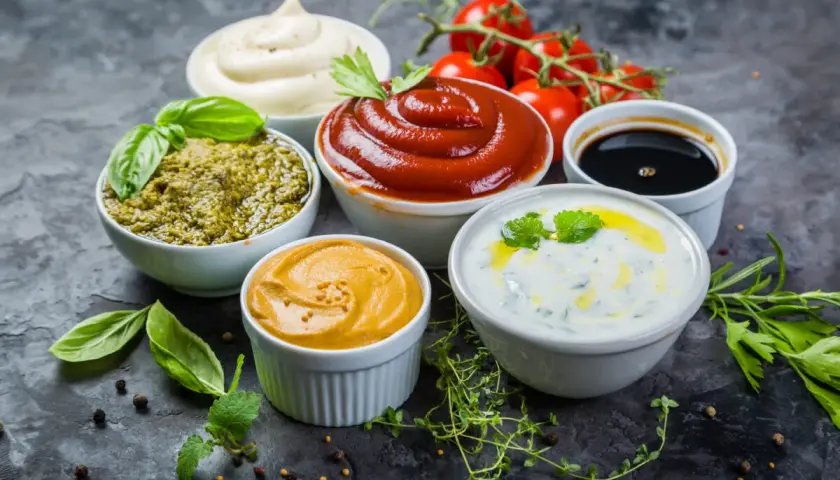 Różnorodne sosy: majonez, pesto, ketchup, musztarda, sos jogurtowy i ciemny sos, idealne jako dodatek lub co do zagęszczenia sosu.