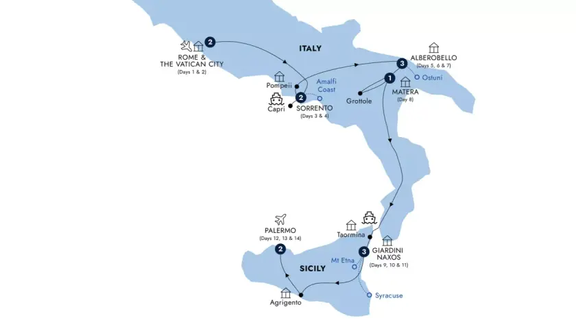 A travel map of the southern Italy coast, highlighting Rome, Amalfi Coast, Sicily, and other destinations.
