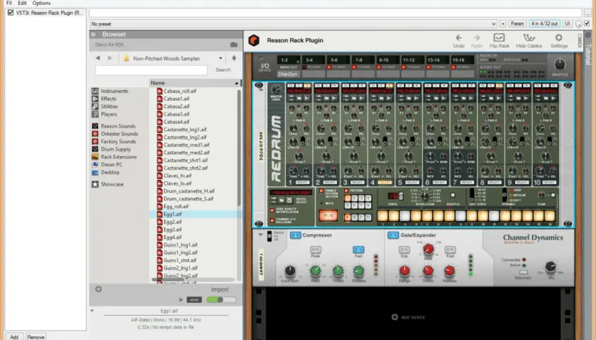 Ein Bildschirmfoto der Musikproduktionssoftware von propellerhead software, die das Redrum-Instrument und verschiedene Effekte zeigt.