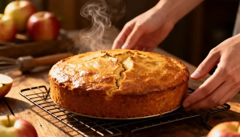 Un délicieux quatre-quarts fumant, tout juste sorti du four, avec des pommes en arrière-plan.
