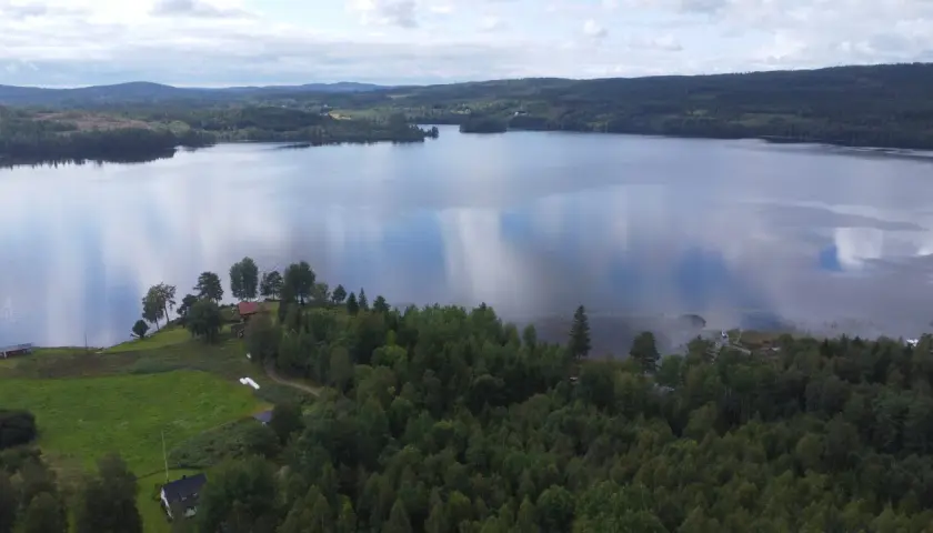 Spokojny finlandia krajobraz z jeziorem odbijającym chmury, otoczony lasami i zielonymi polami z kilkoma domkami.