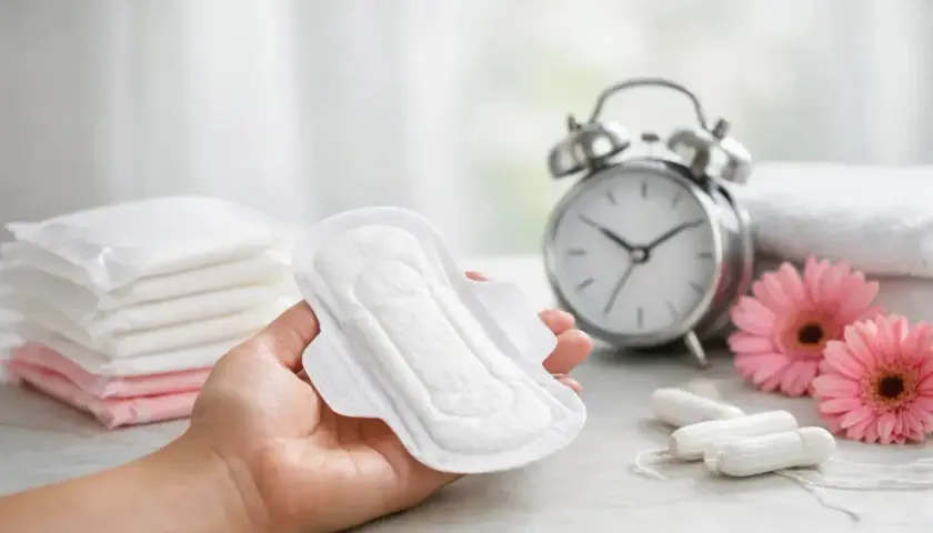Dłoń trzyma podpaskę, obok stos podpasek, tampony, kwiaty i budzik. Wskazówka: jak podkładać basen sanitarny.