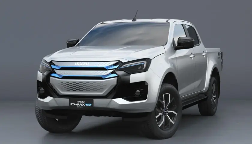 Srebrny Isuzu D-Max EV Concept z niebieskimi akcentami na grillu i reflektorach. Nowoczesny pickup elektryczny.