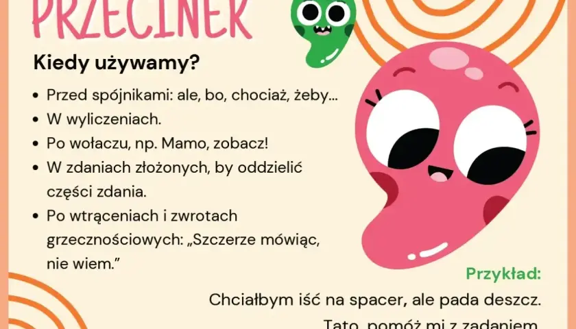 Ilustracja wyjaśnia użycie przecinka, np. przed "ale", aby oddzielić części zdania.