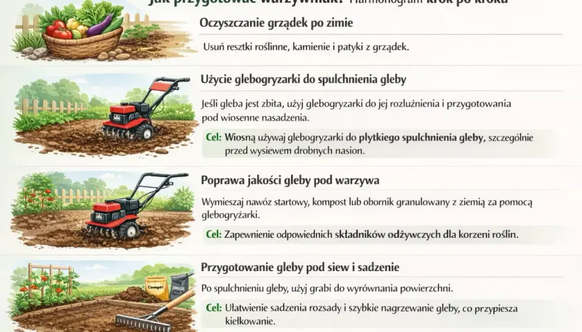 Glebogryzarka spulchnia i przygotowuje glebę pod wiosenne nasadzenia, ułatwiając siew i sadzenie.