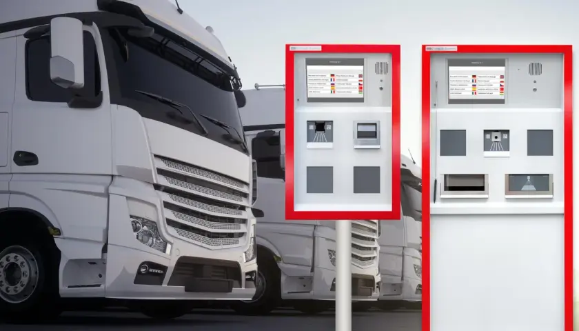 LKW-Flotte im Yard. Terminals mit Sprachauswahl und Scannern für die Logistik.
