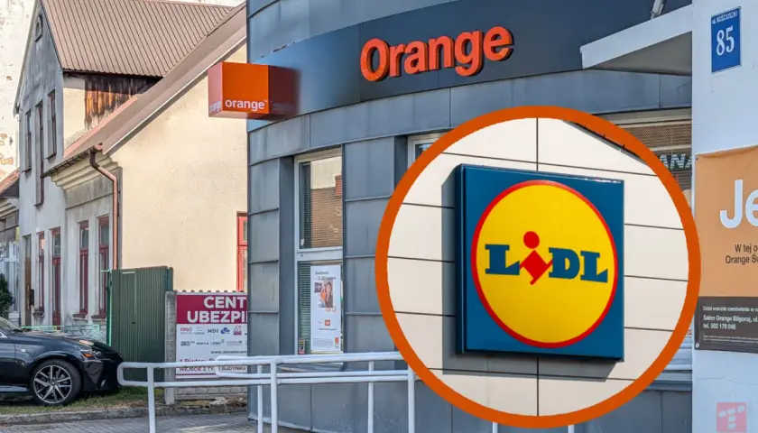 Salon Orange oferuje darmowy internet. Obok widoczny szyld Lidl.