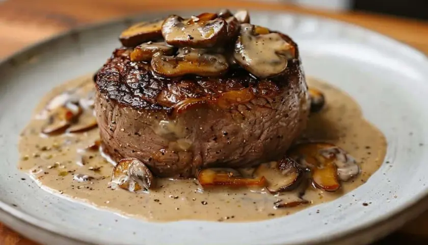 Un délicieux filet mignon moutarde, nappé d'une sauce crémeuse aux champignons, sur une assiette blanche.
