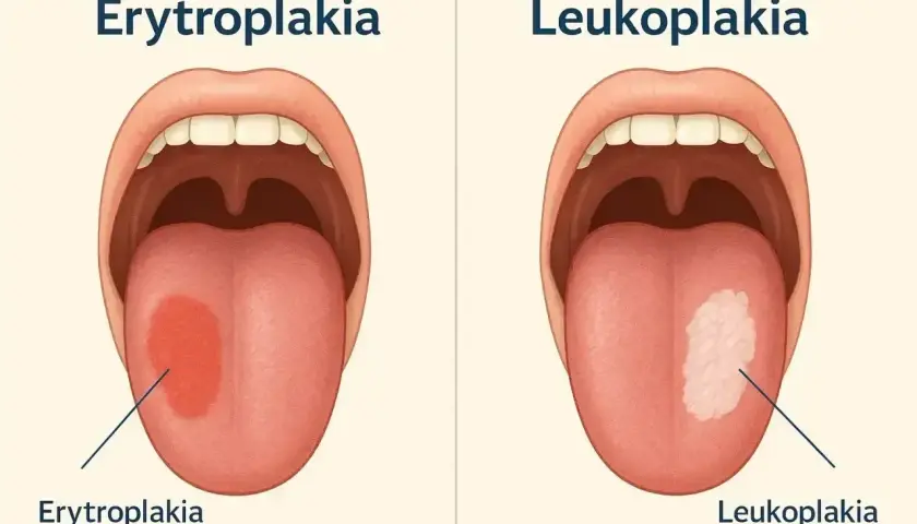 Dwa obrazy jamy ustnej pokazujące zmiany na języku: erytroplakię (czerwona plama) i leukoplakię (biała plama). Objawy te mogą wskazywać na raka jamy ustnej.