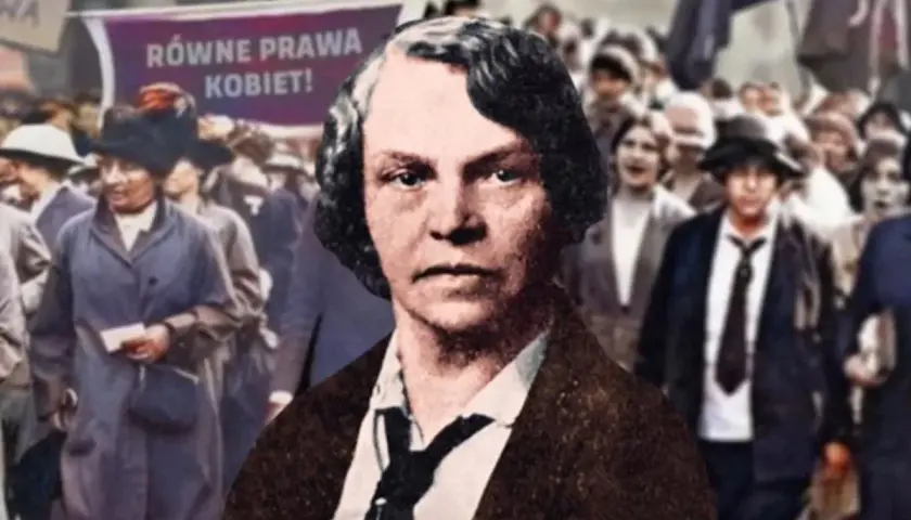 Sylwetka kobiety na tle marszu sufrażystek z transparentem "Równe prawa kobiet!". Jej postawa symbolizuje walkę z konserwatyzmem o równouprawnienie.