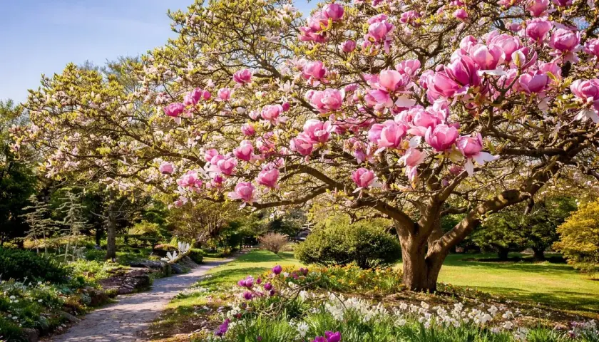 En magnifik magnolia blommar i en lummig trädgård. En stenlagd stig leder förbi blomsterängar. Kanske är det dags att flytta magnolia till en ny plats?