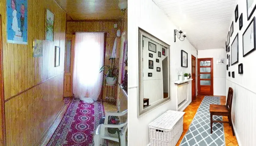 Metamorfoza starej boazerii: z przytulnego korytarza w stylu retro do jasnego, nowoczesnego wnętrza z galerią ścienną.
