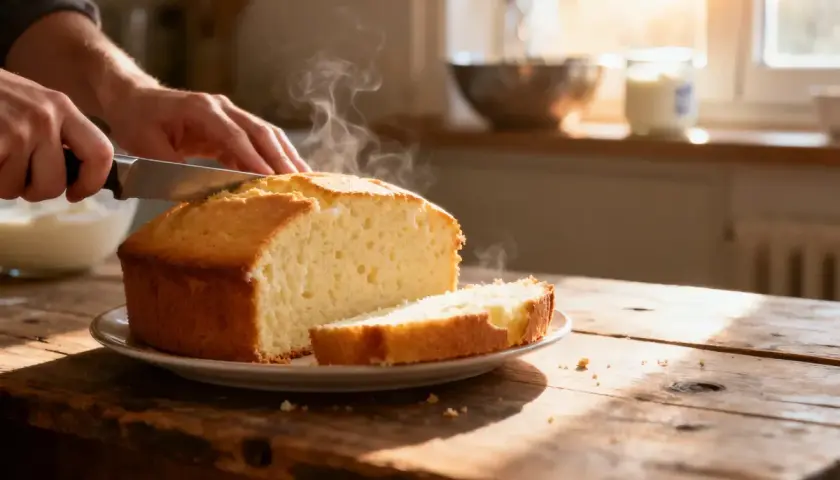 Un délicieux gâteau au yaourt, encore chaud, est coupé en tranches sur une table en bois rustique. La vapeur s'échappe doucement du gâteau.