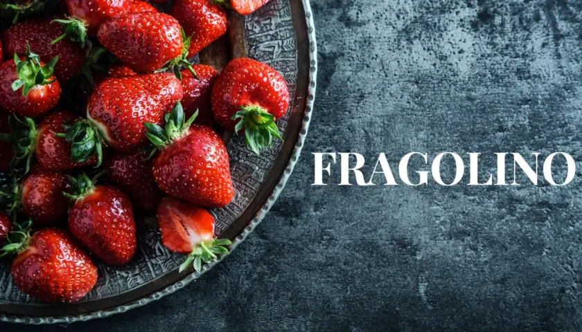 Soczyste truskawki na ozdobnej tacy, obok napis "FRAGOLINO". Idealne na letnie orzeźwienie.