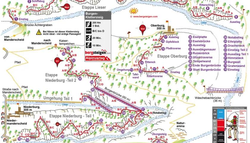 Der **Klettersteig Eifel** bietet abwechslungsreiche Routen mit verschiedenen Schwierigkeitsgraden, von leicht bis extrem schwierig, entlang der Lieser.