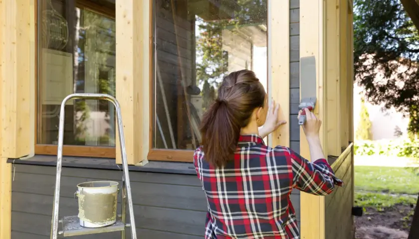 Kvinna målar i solsken en träpanel på ett hus. En stege och en färgburk står bredvid.