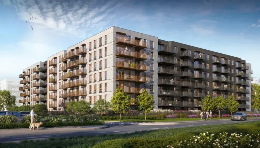 Nowoczesny blok mieszkalny z licznymi balkonami, gdzie toczy się **centralna vita**. Spacerujący człowiek z psem i przechodzący ludzie dodają życia tej architekturze.