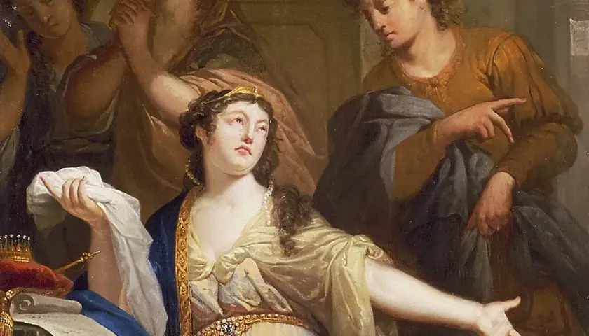 La reina Ester, con lágrimas en los ojos, implora por su pueblo. A su lado, un hombre señala con el dedo, mientras otros rezan. Un día crucial para Santa Ester.