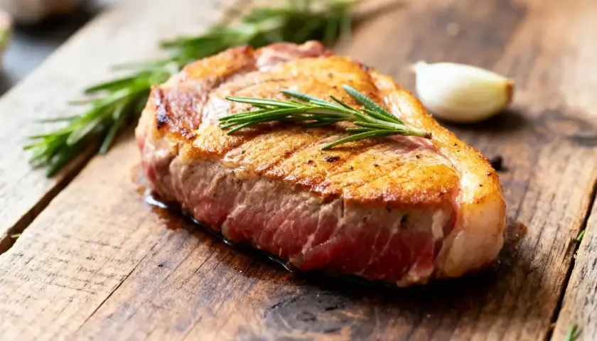 Un succulent filet mignon au four, garni de romarin frais, sur une planche en bois rustique. Un délice à savourer.