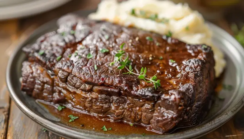 Un plat de boeuf braisé, tendre et juteux, servi avec une purée de pommes de terre crémeuse et garni de thym frais.