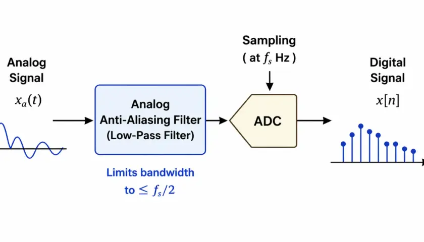 Schema zeigt, wie ein analoges Signal durch einen **anti-aliasing filter** (Tiefpassfilter) geleitet wird, bevor es von einem ADC digitalisiert wird, um Aliasing zu vermeiden.