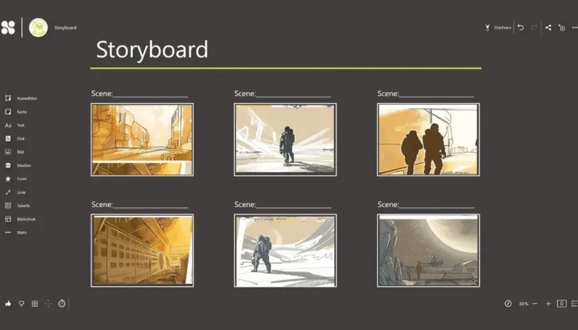 Ein Storyboard zeigt visuell eine Abfolge von Szenen, wie hier mit Astronauten in verschiedenen Umgebungen.
