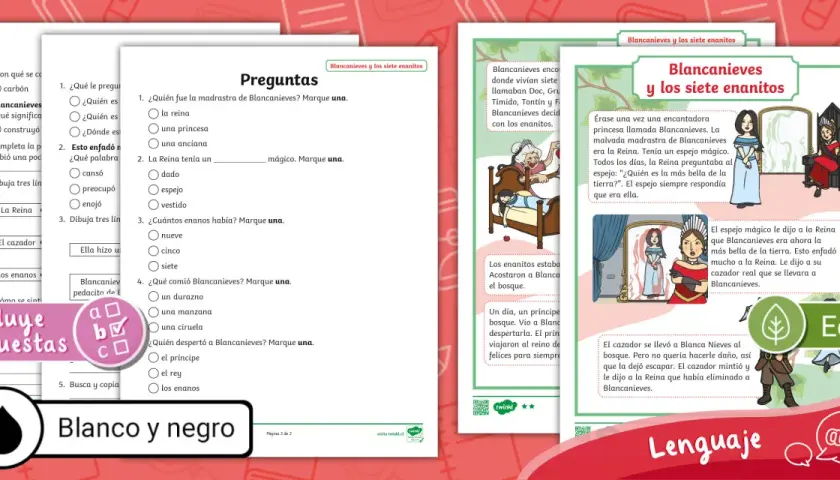 Un cuento de Blancanieves y los siete enanitos con preguntas y actividades sobre la historia.