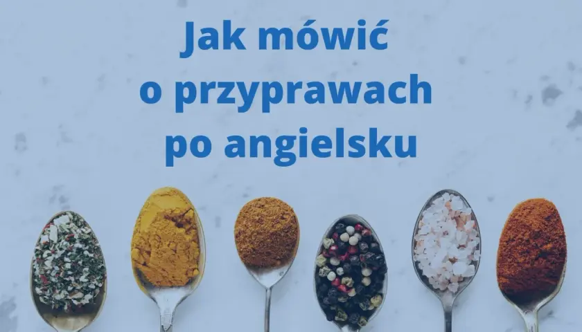 Sześć łyżek z różnymi przyprawami, w tym kurkumą i pieprzem. Tekst: "Jak mówić o przyprawach po angielsku".