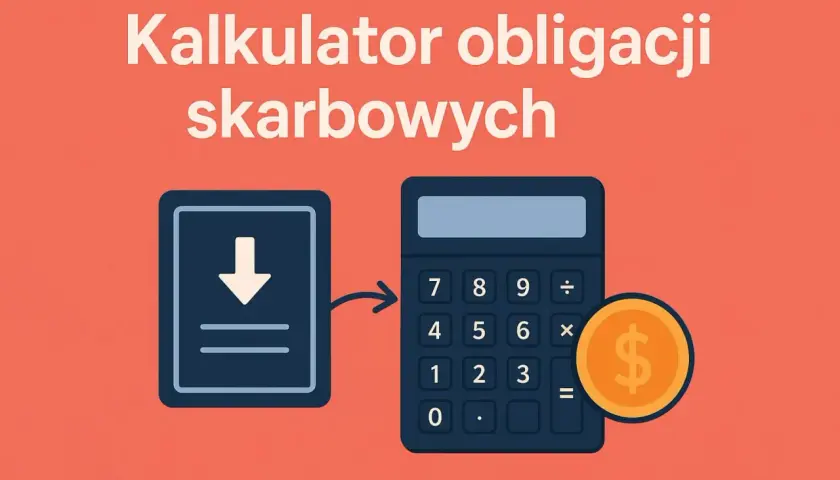 Kalkulator skarbowy pomaga jak obliczyć zysk z obligacji. Ikona pobierania i kalkulator z monetą.