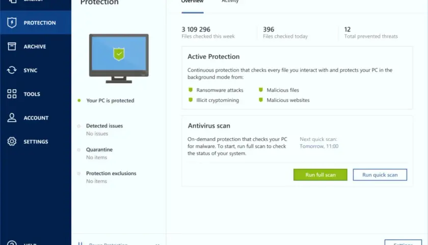 Acronis Backup Wiederherstellen: Die Benutzeroberfläche zeigt den Schutzstatus eines PCs mit aktiver Antiviren- und Ransomware-Abwehr.