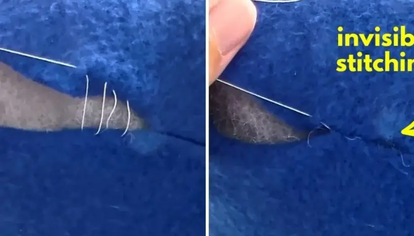 Learn how to do invisible stitch on blue felt. A needle and white thread are shown in action, creating a seamless repair.