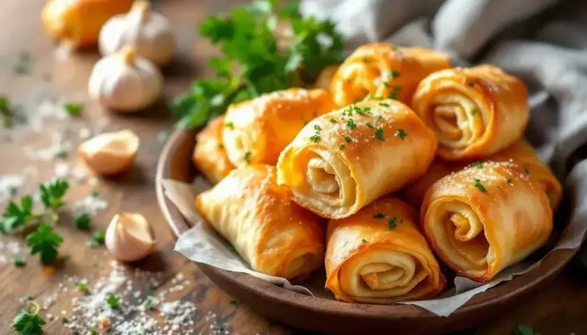 Délicieux rouleaux de pâte filo dorés, parsemés de persil frais. Parfaits pour un apéritif gourmand.