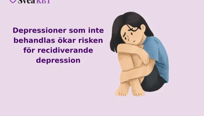En ledsen person sitter hopkrupen. Texten lyder: "Depressioner som inte behandlas ökar risken för recidiverande depression.