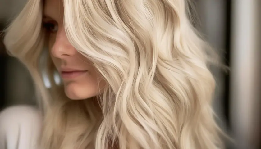 En kvinna med vackert blont hår som faller i mjuka vågor.