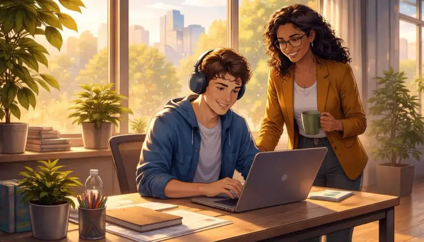 A supportive manager helps her autistic coworker focus on his laptop, creating a positive work environment.