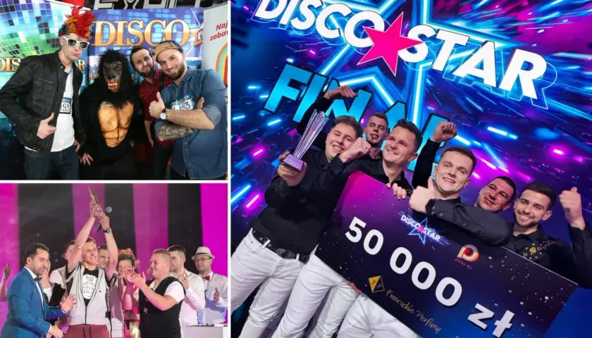 Grupa mężczyzn świętuje zwycięstwo w Disco Star 2026, trzymając czek na 50 000 zł.