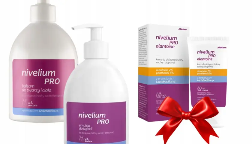 Zestaw produktów Nivelium PRO: balsam, emulsja do kąpieli i krem z alantoiną. Idealne dla skóry suchej i atopowej, od 1. dnia życia.