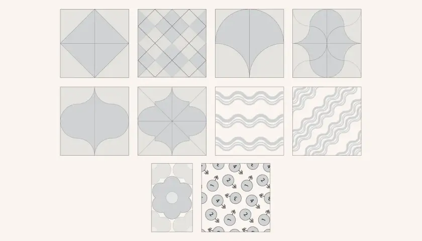 Divers motifs géométriques et abstraits, comme des vagues ou des fleurs, créent un motif qui se répète à l'infini.